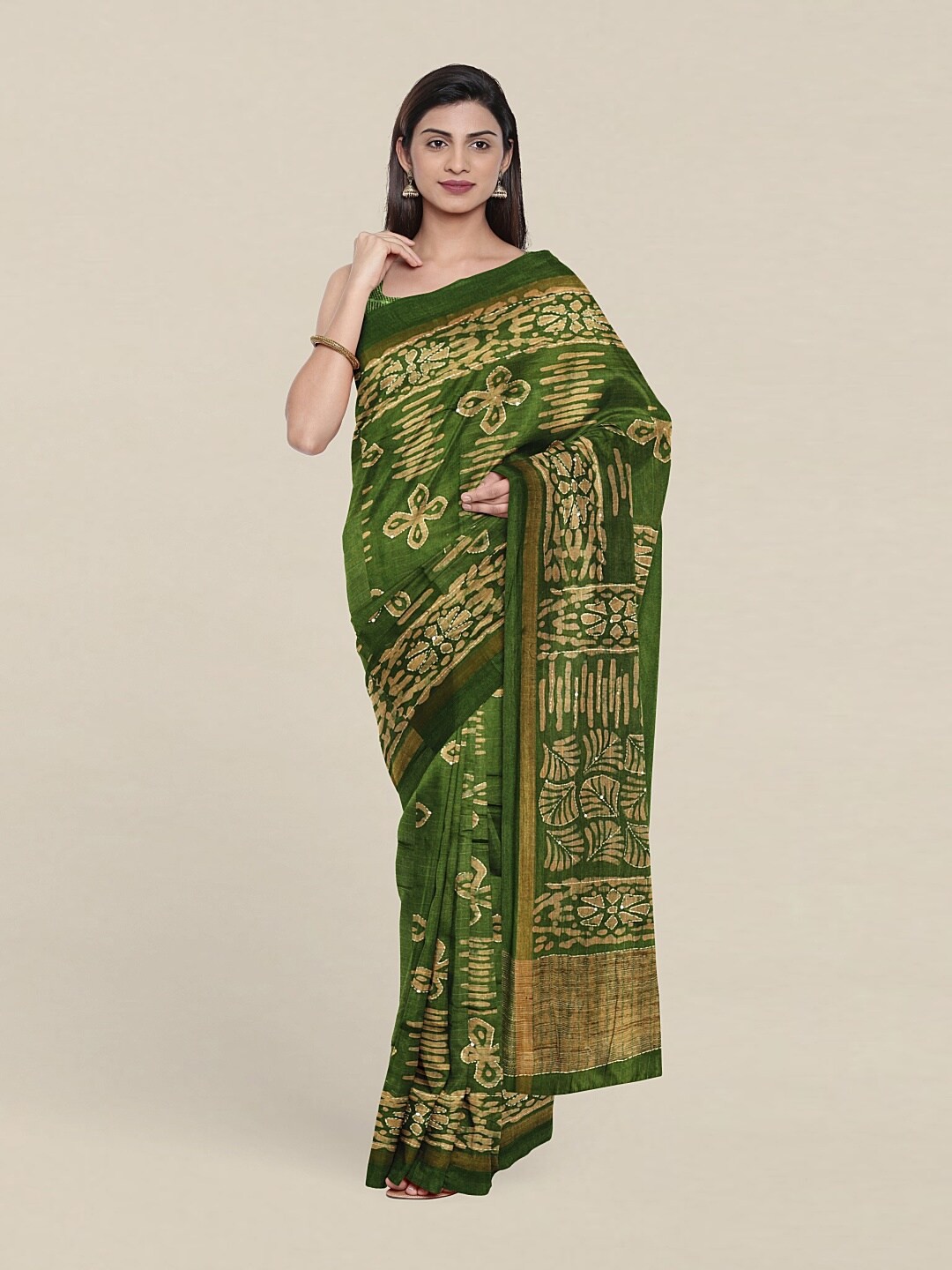 

Pothys Green & Brown Floral Jute Silk Saree