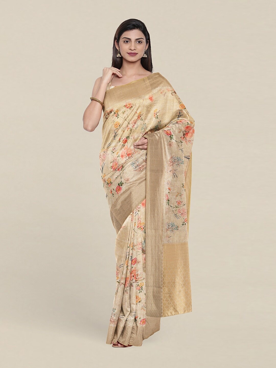 

Pothys Cream-Coloured & Orange Floral Zari Art Silk Saree