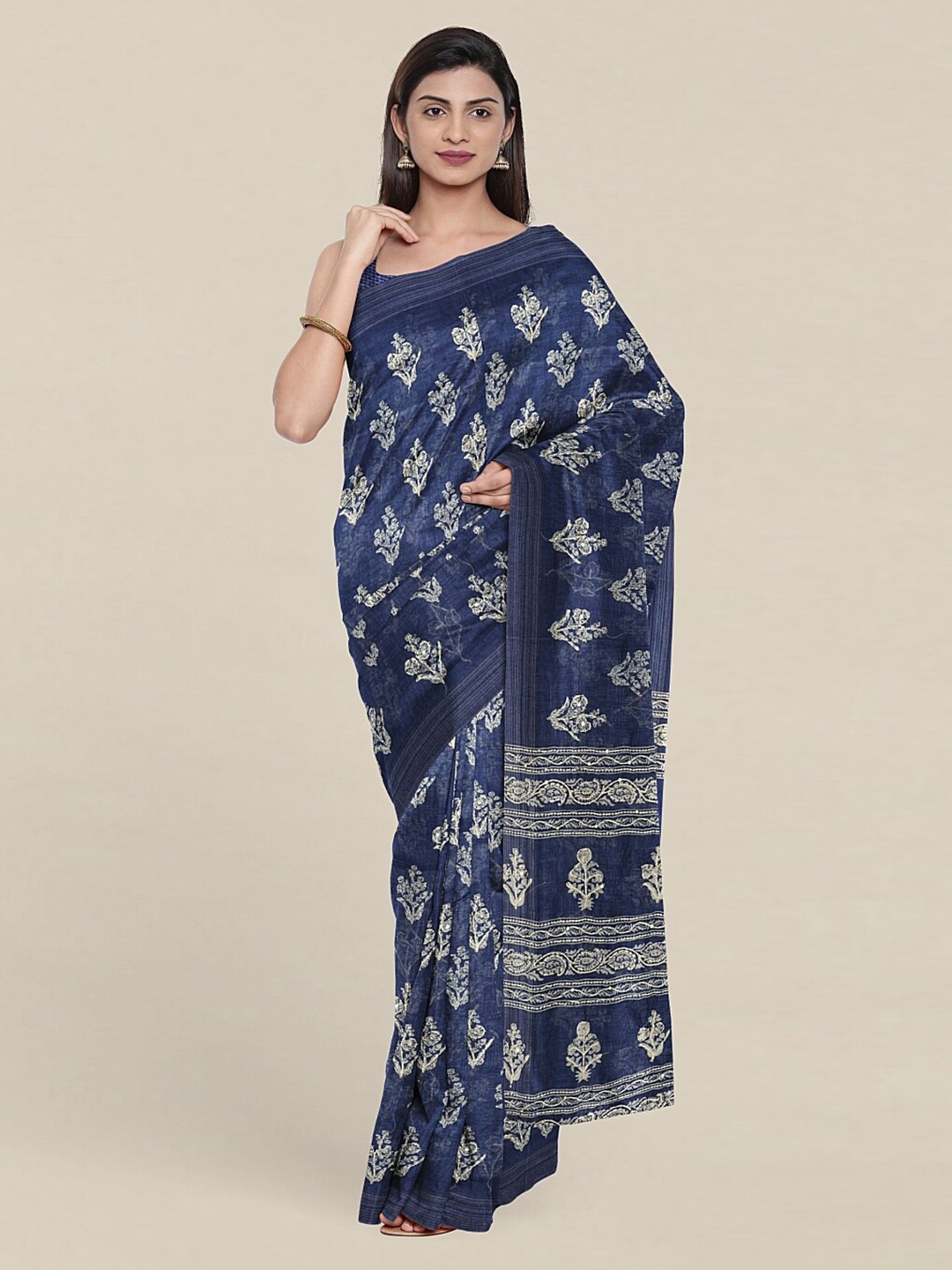 

Pothys Blue & Cream-Coloured Floral Jute Silk Saree