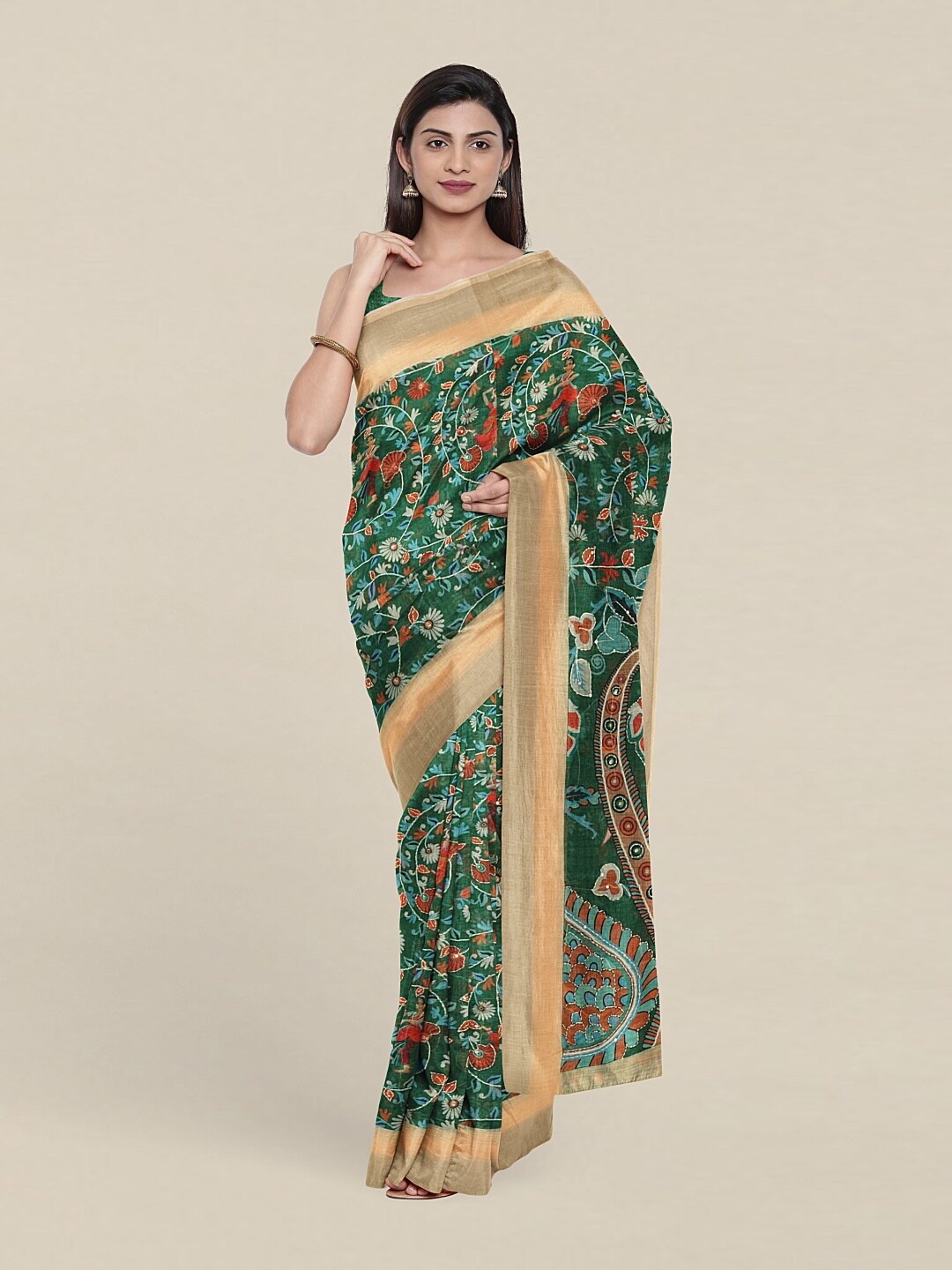 

Pothys Green & Red Floral Zari Jute Silk Saree