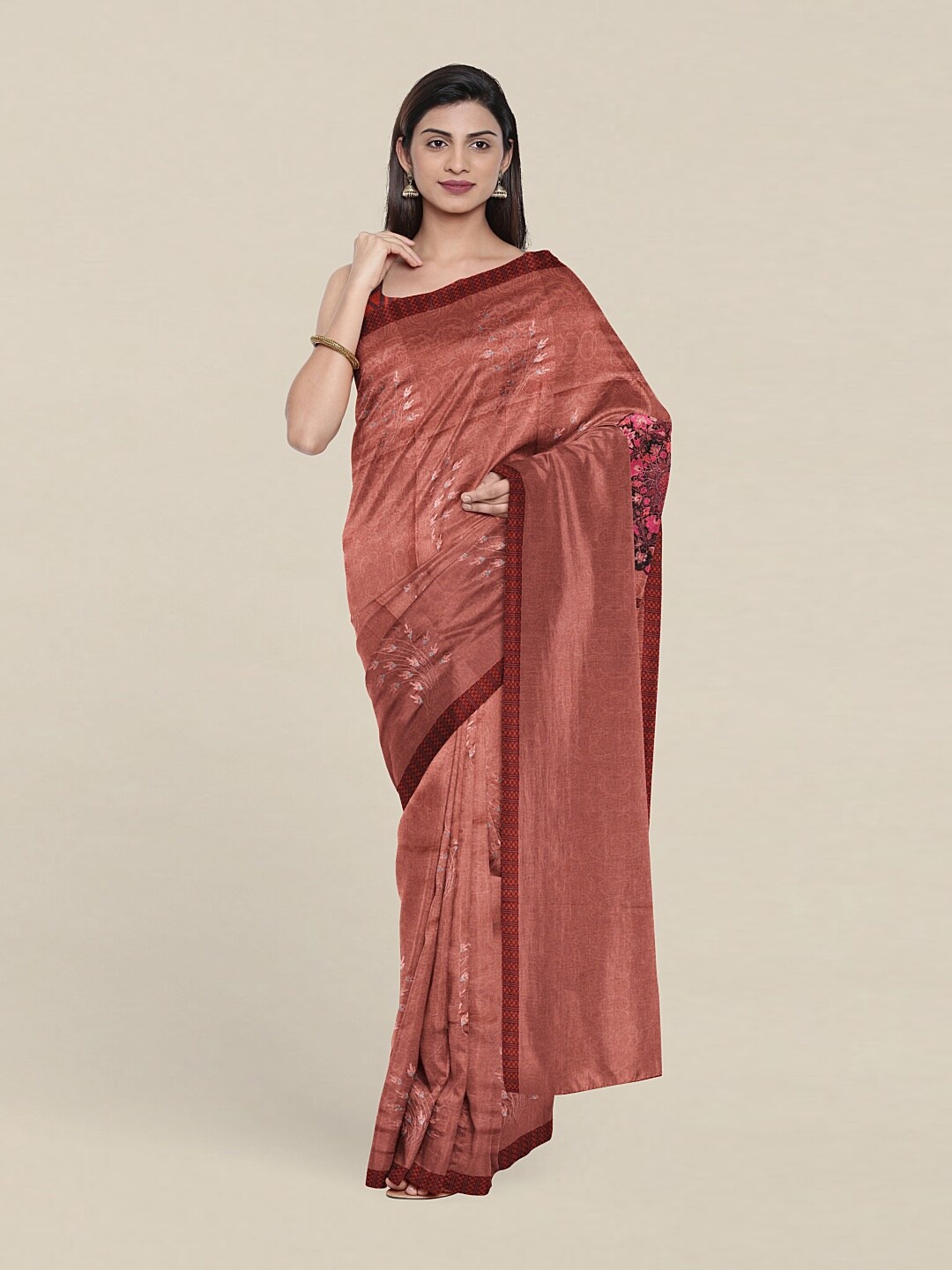 

Pothys Peach-Coloured & Silver-Toned Floral Jute Silk Saree