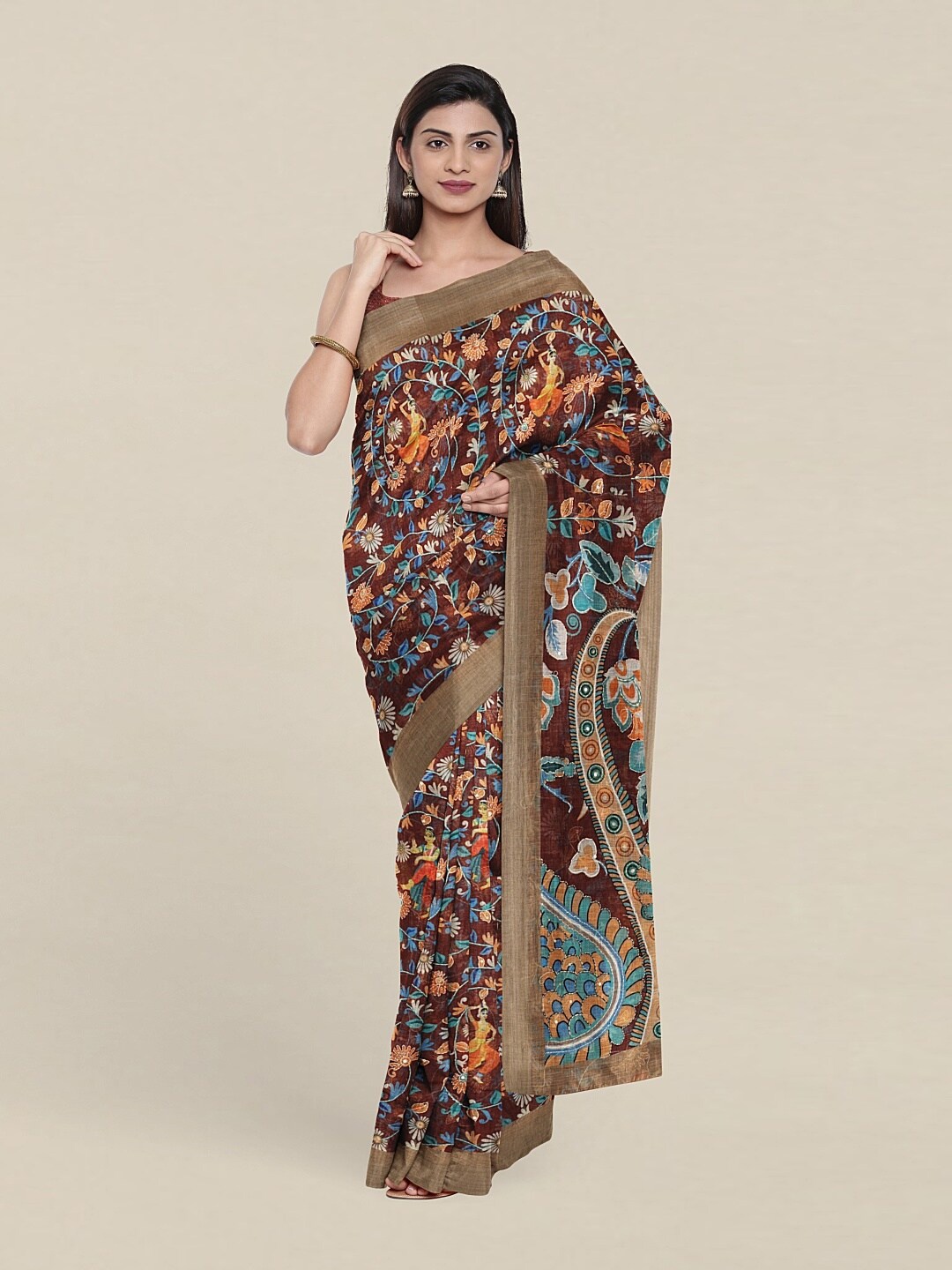 

Pothys Brown & Blue Ethnic Motifs Jute Silk Saree