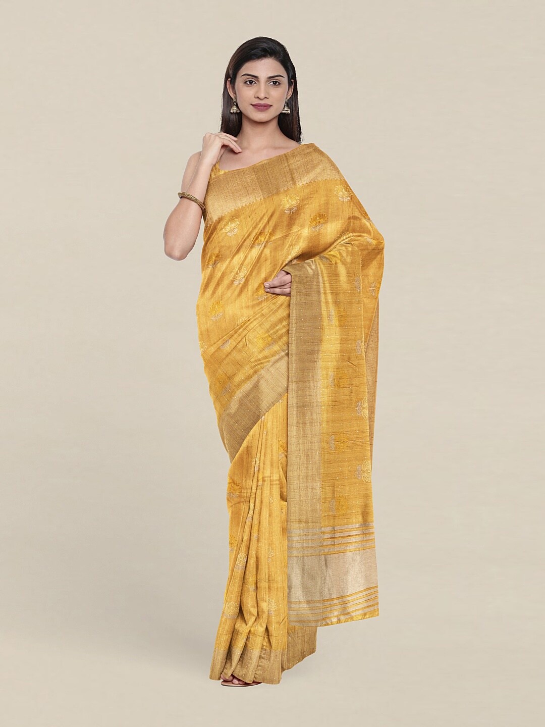 

Pothys Yellow & Gold-Toned Floral Jute Silk Saree