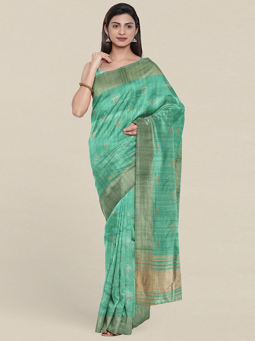 

Pothys Green & Gold-Toned Woven Design Zari Jute Silk Saree
