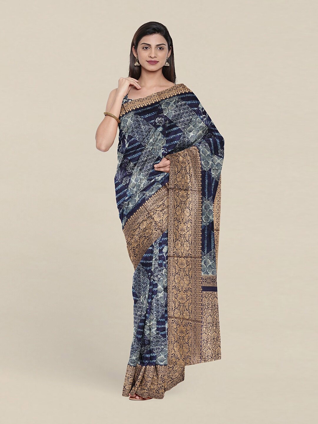 

Pothys Blue & Copper-Toned Floral Zari Art Silk Saree