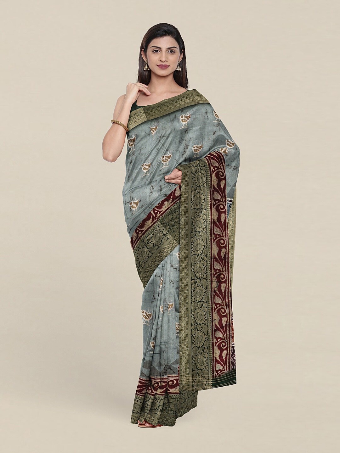 

Pothys Grey & Green Ethnic Motifs Zari Art Silk Saree
