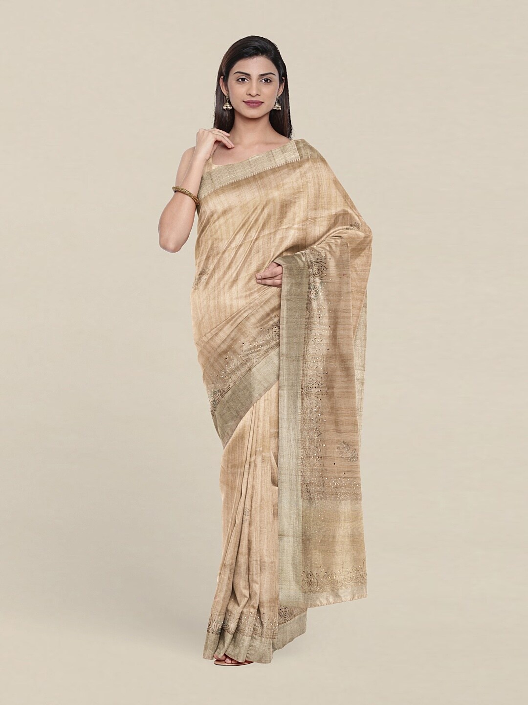 

Pothys Cream-Coloured & Copper-Toned Embellished Zari Jute Silk Saree