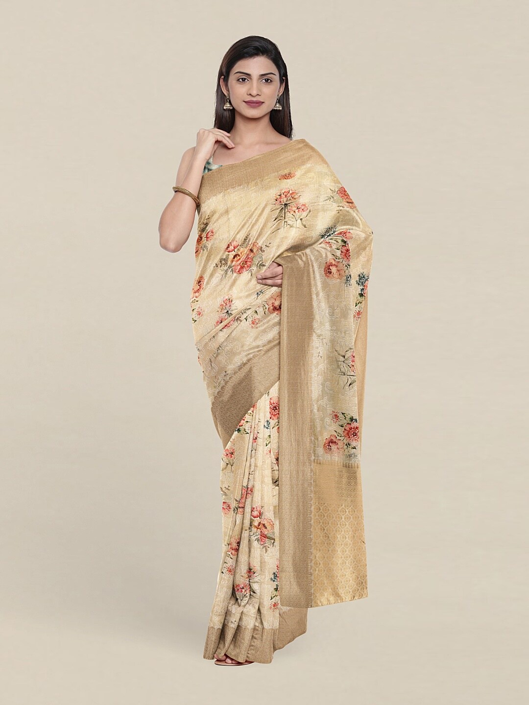 

Pothys Cream-Coloured & Gold-Toned Floral Zari Art Silk Saree