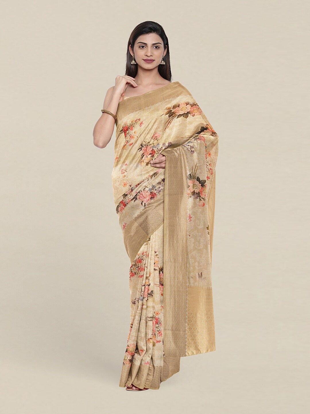 

Pothys Cream-Coloured & Peach-Coloured Floral Zari Art Silk Saree