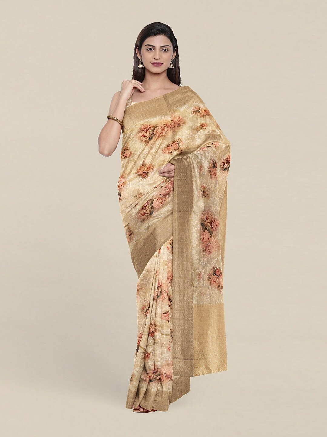 

Pothys Cream-Coloured & Gold-Toned Floral Zari Art Silk Saree