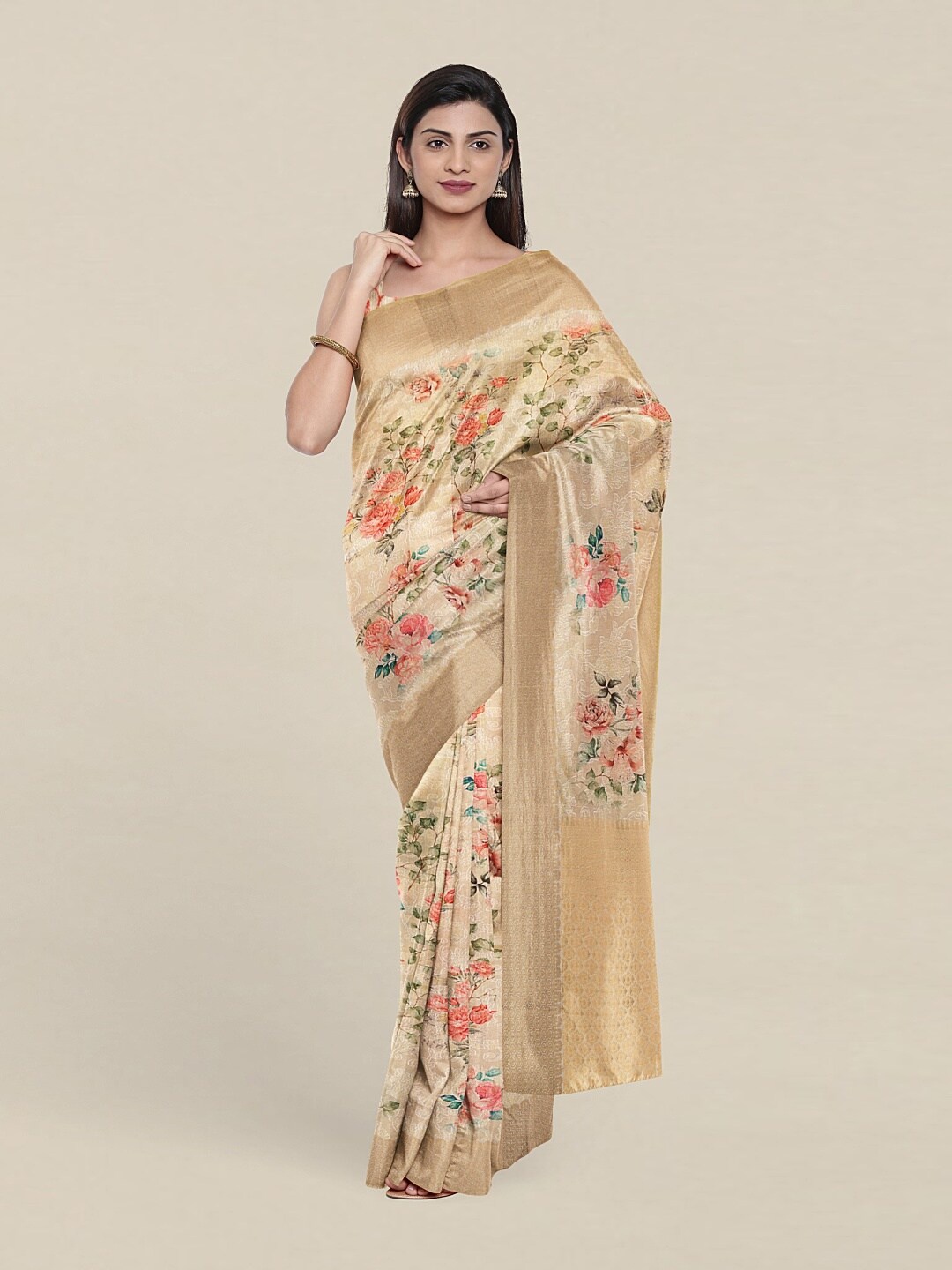 

Pothys Cream-Coloured & Green Floral Art Silk Saree