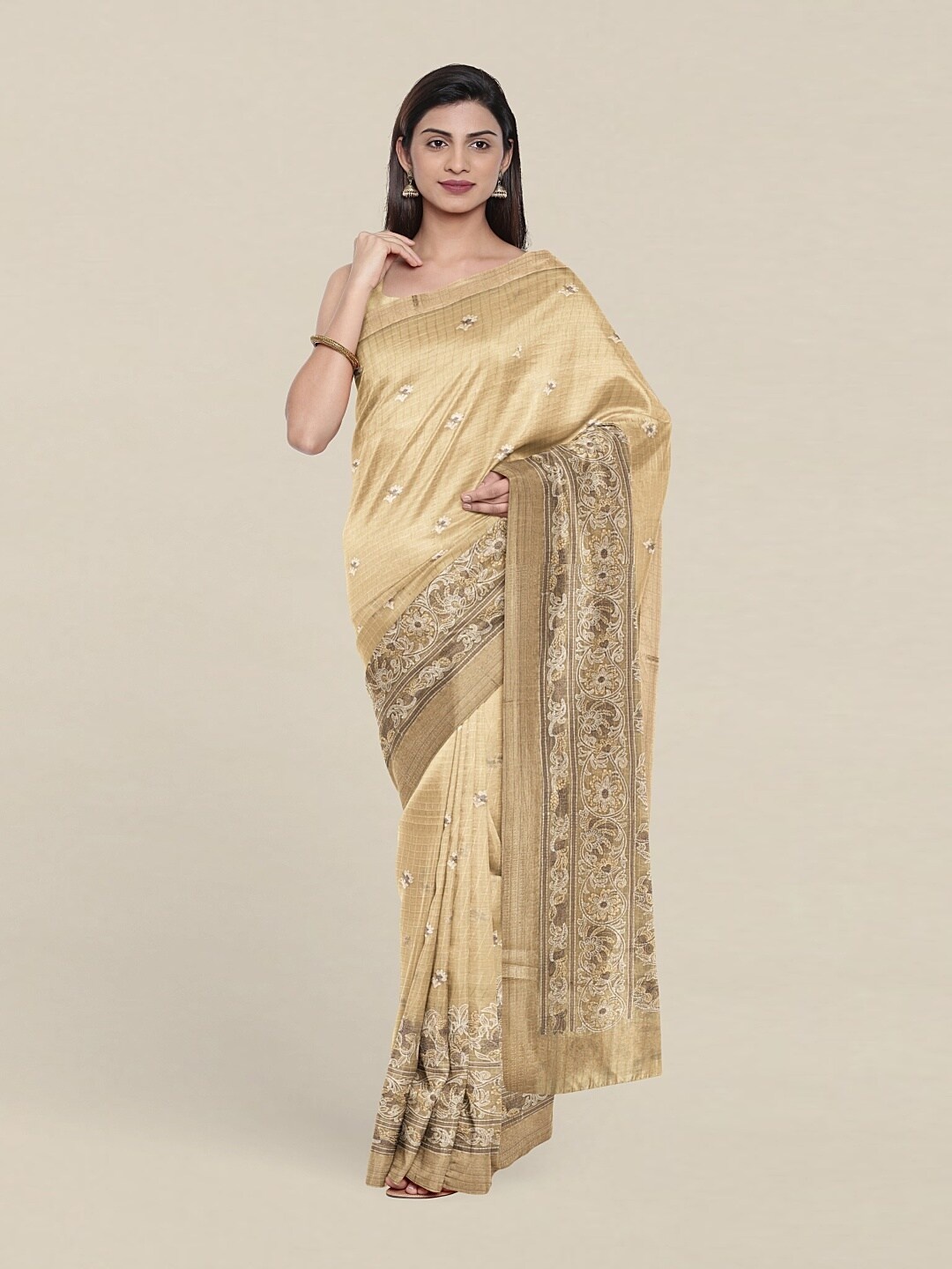 

Pothys Cream-Coloured & Gold-Toned Floral Zari Art Silk Saree