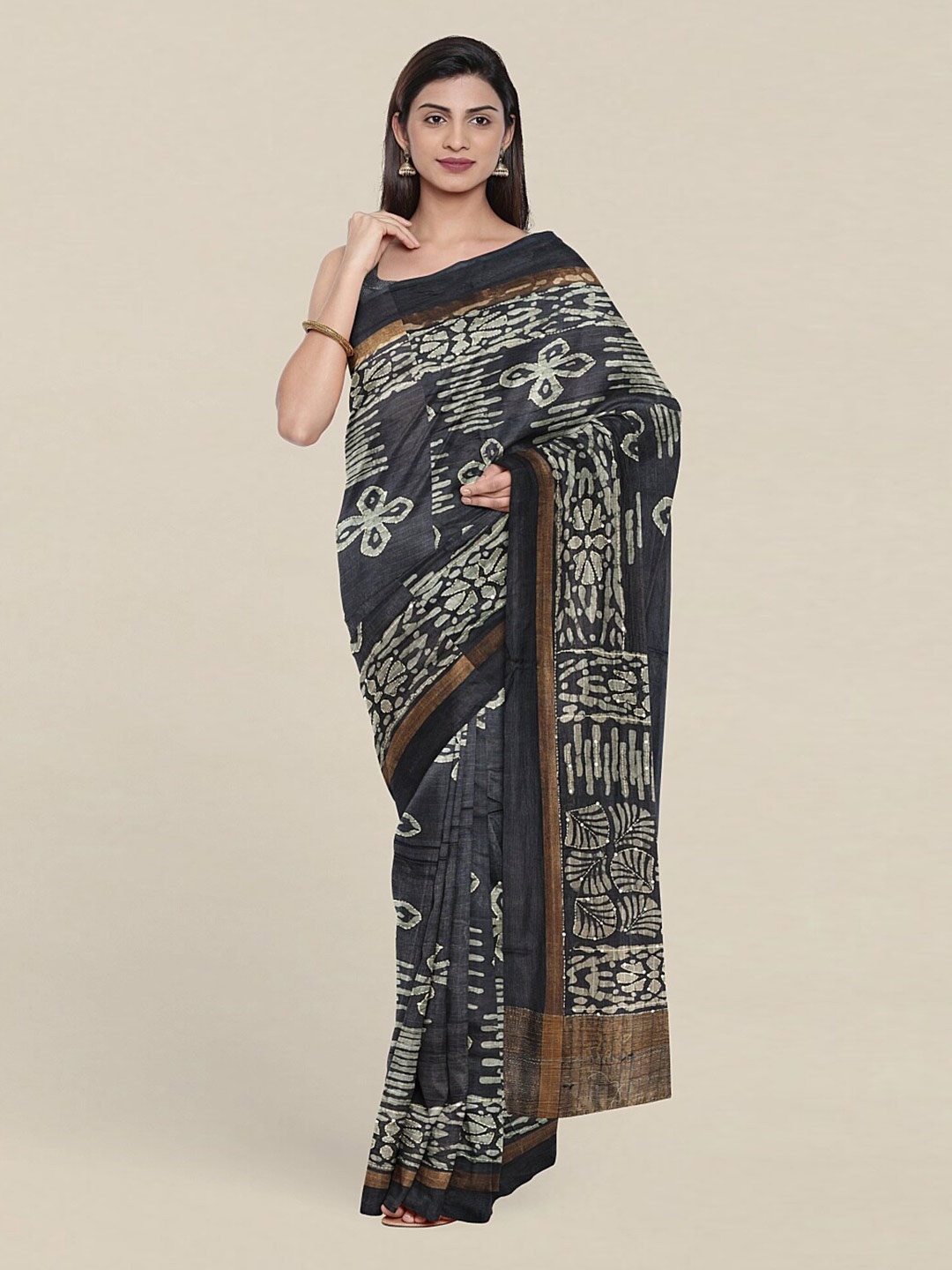

Pothys Blue & Gold-Toned Floral Zari Jute Silk Saree