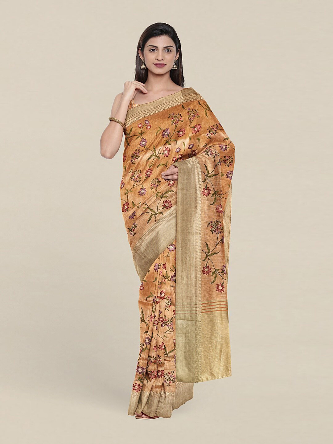 

Pothys Brown & Green Floral Zari Jute Silk Saree, Peach
