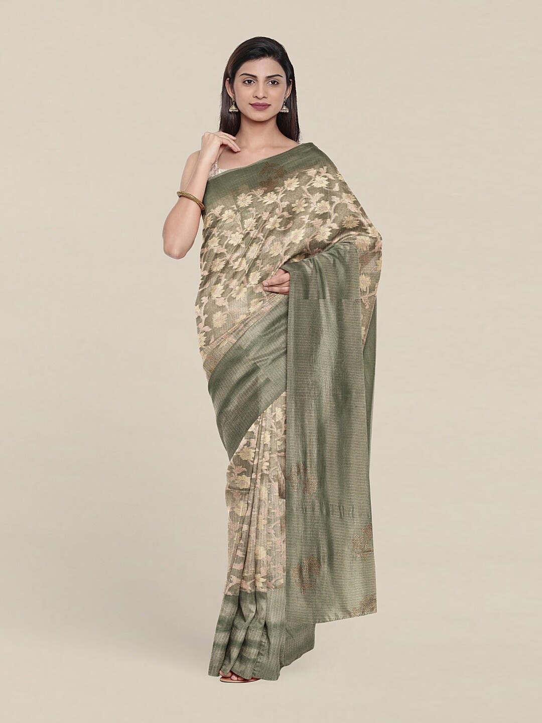 

Pothys Green & Copper-Toned Woven Design Zari Tissue Saree
