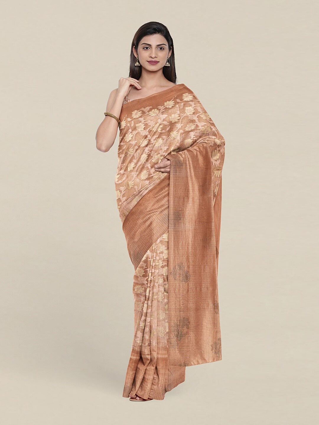 

Pothys Peach-Coloured & Copper-Toned Woven Design Zari Jute Silk Saree, Cream
