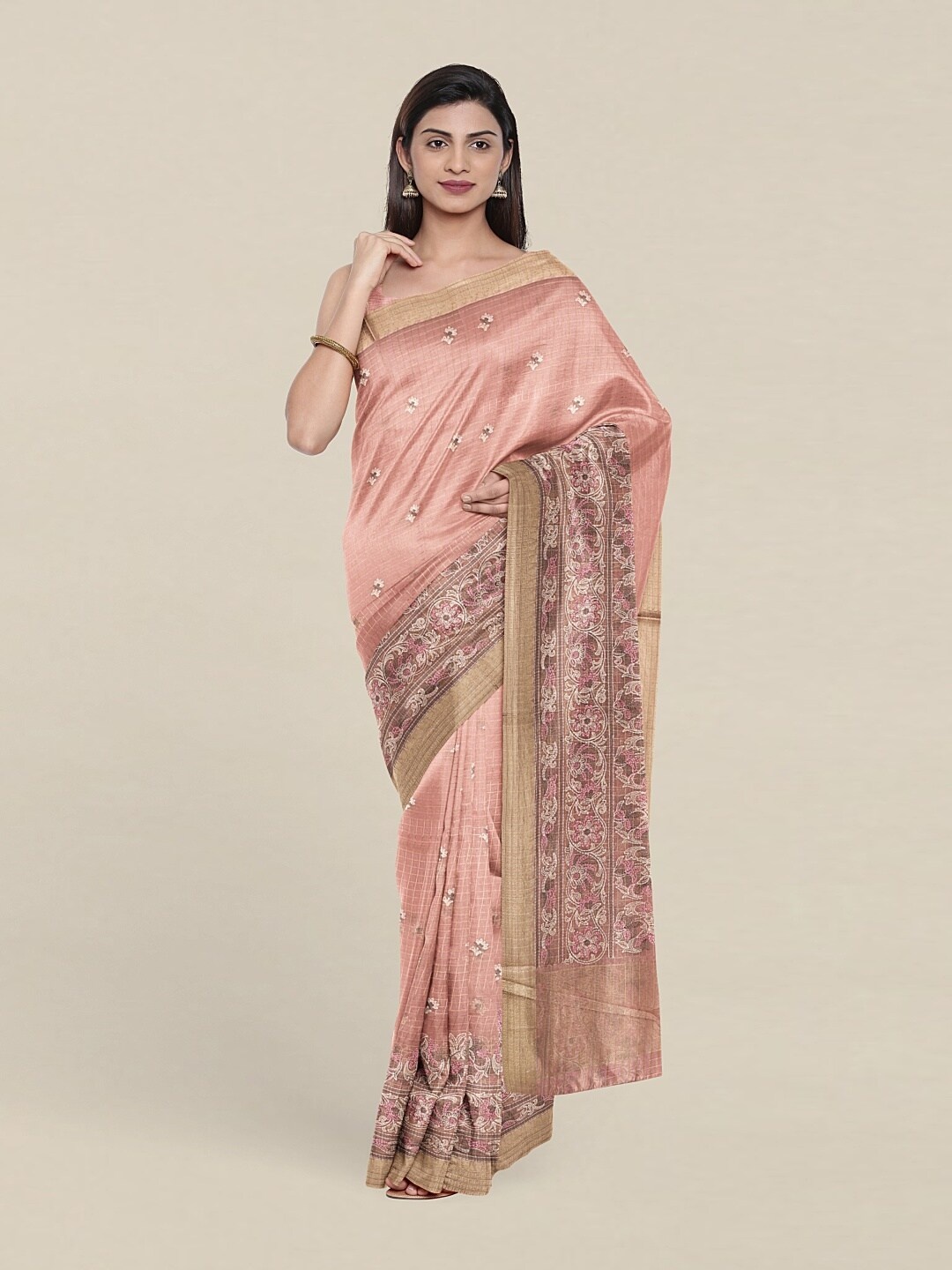 

Pothys Pink & White Floral Zari Art Silk Saree