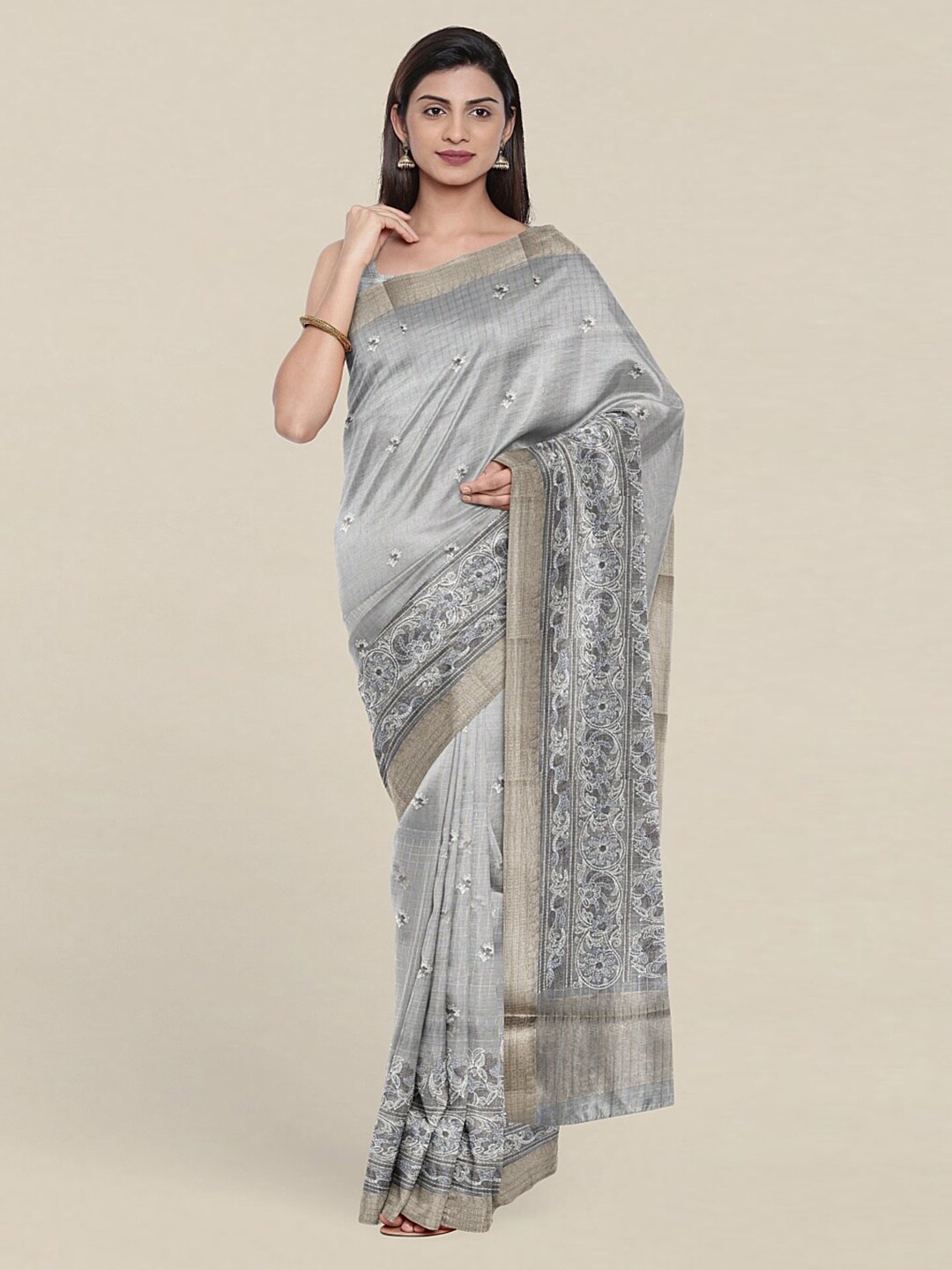 

Pothys Grey & Silver-Toned Floral Zari Art Silk Saree
