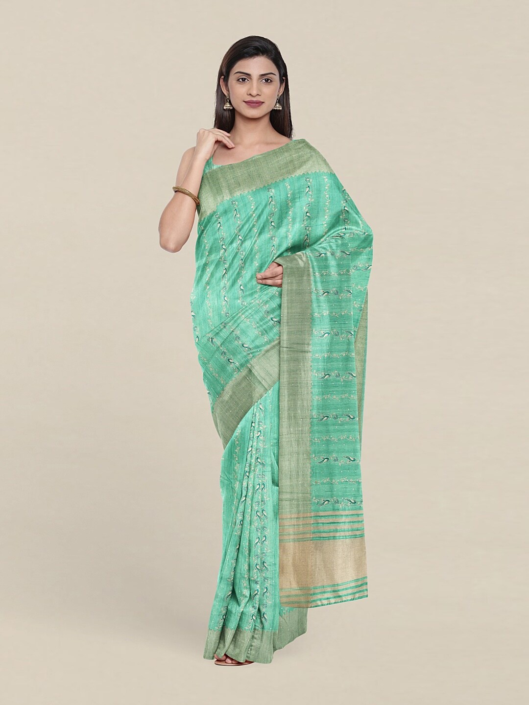 

Pothys Green & White Ethnic Motifs Zari Jute Silk Saree