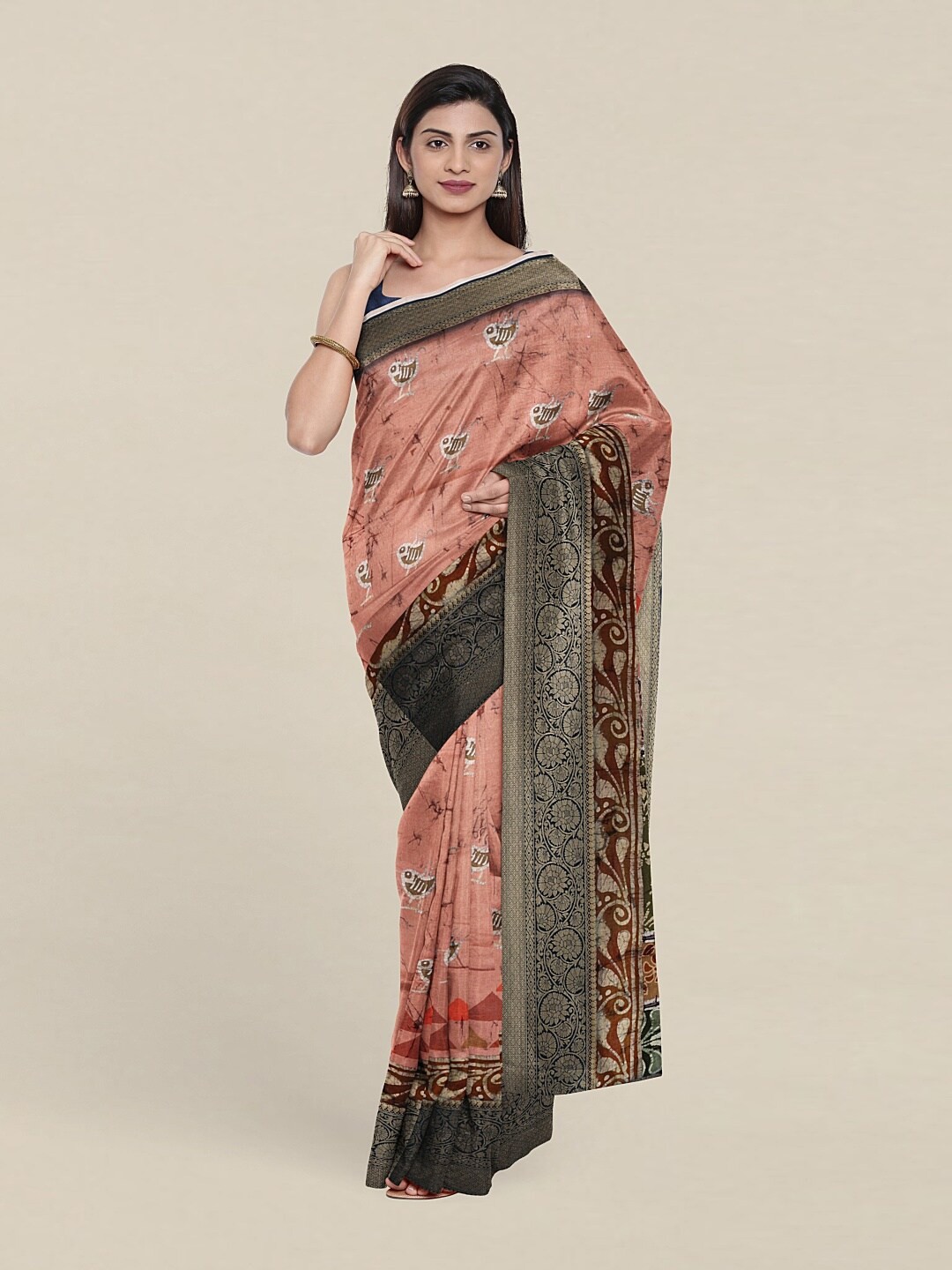 

Pothys Pink & Brown Ethnic Motifs Art Silk Saree