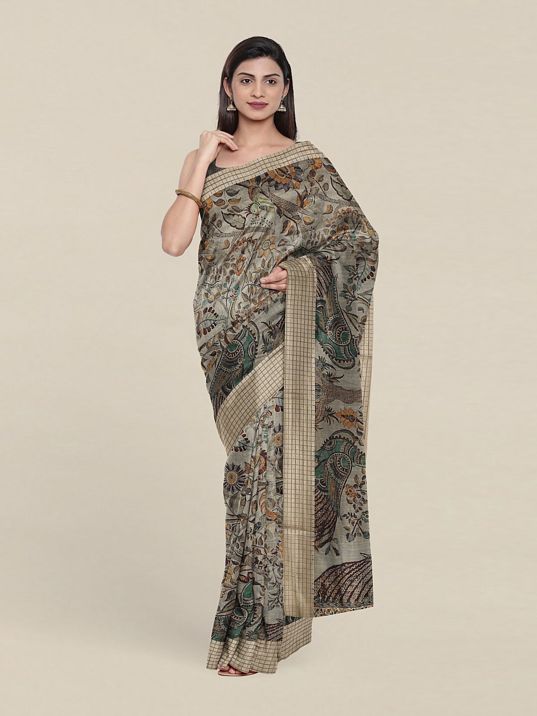 

Pothys Grey & Green Kalamkari Zari Art Silk Saree
