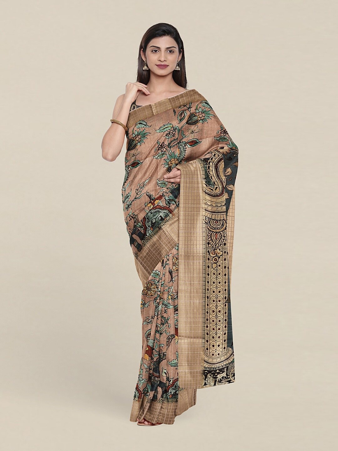 

Pothys Tan & Turquoise Blue Ethnic Motifs Art Silk Saree