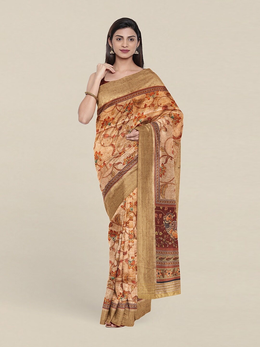 

Pothys Mustard & Red Kalamkari Art Silk Saree