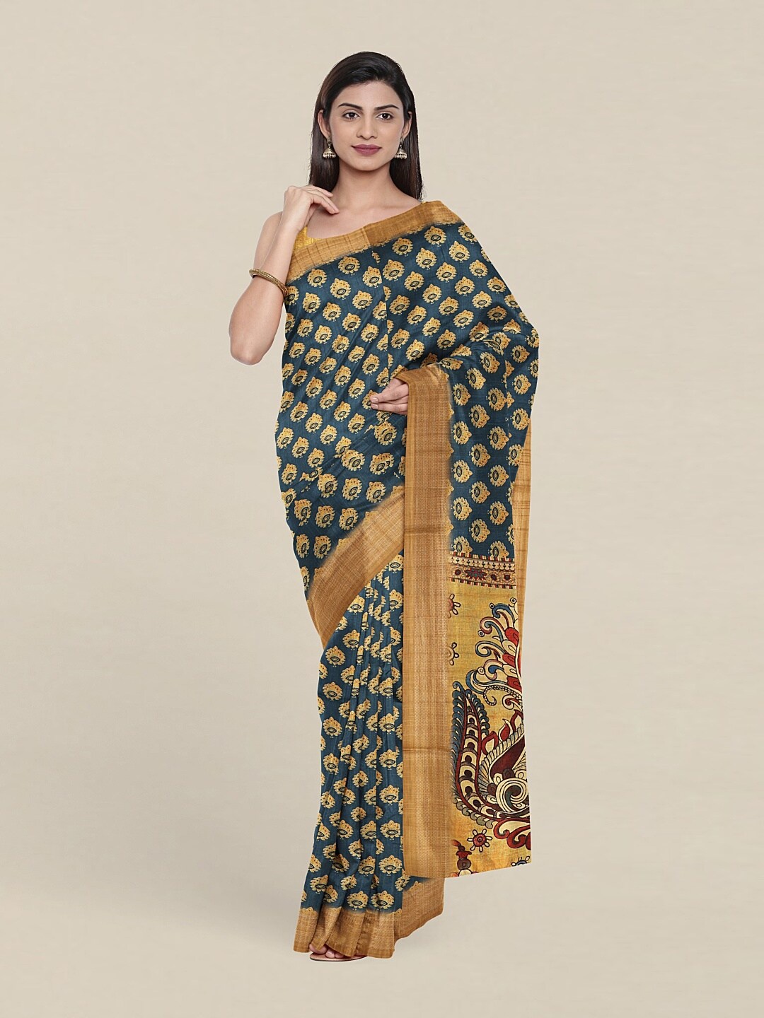 

Pothys Blue & Gold-Toned Kalamkari Zari Art Silk Saree