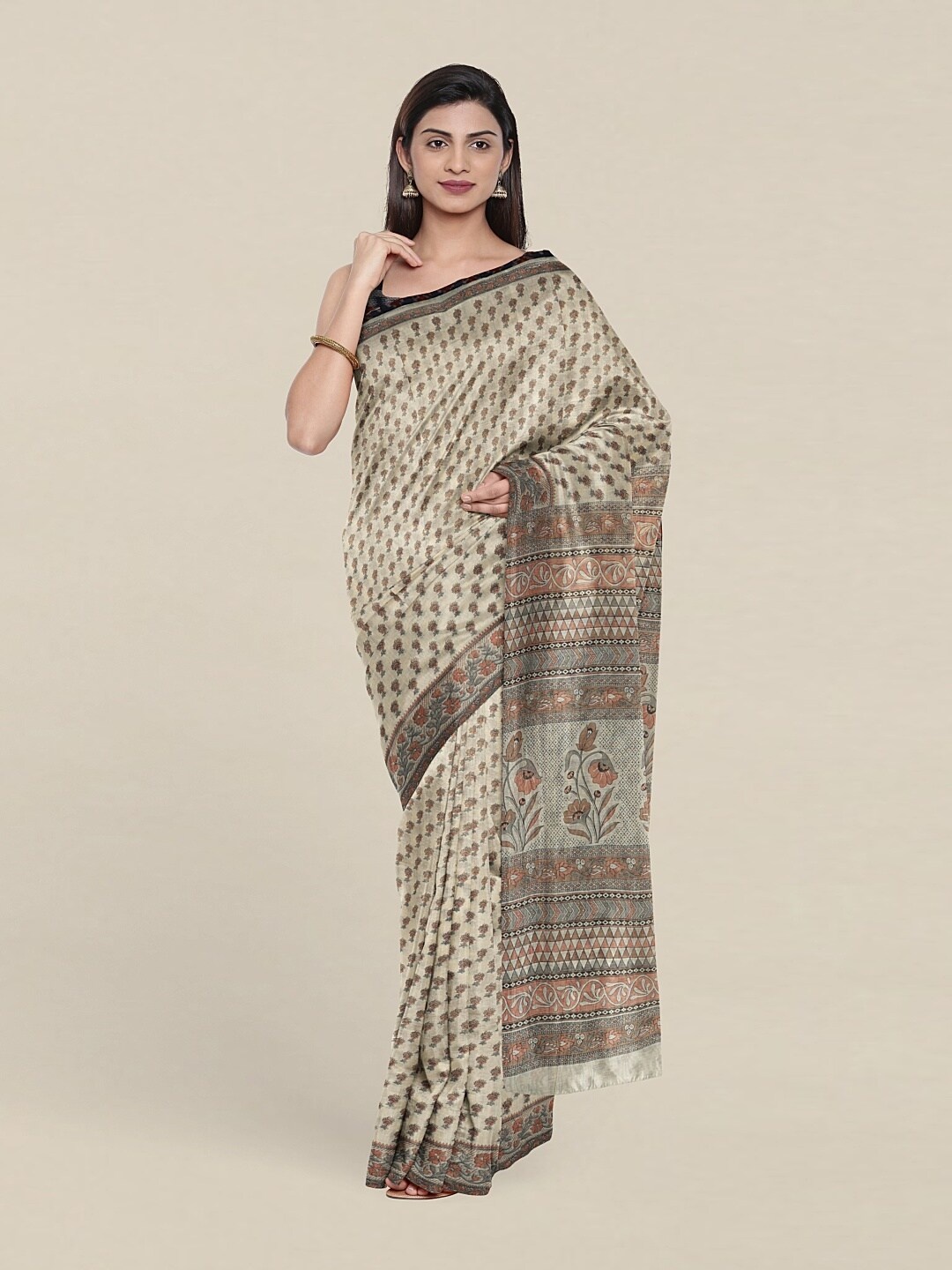 

Pothys Cream-Coloured & Grey Floral Art Silk Saree