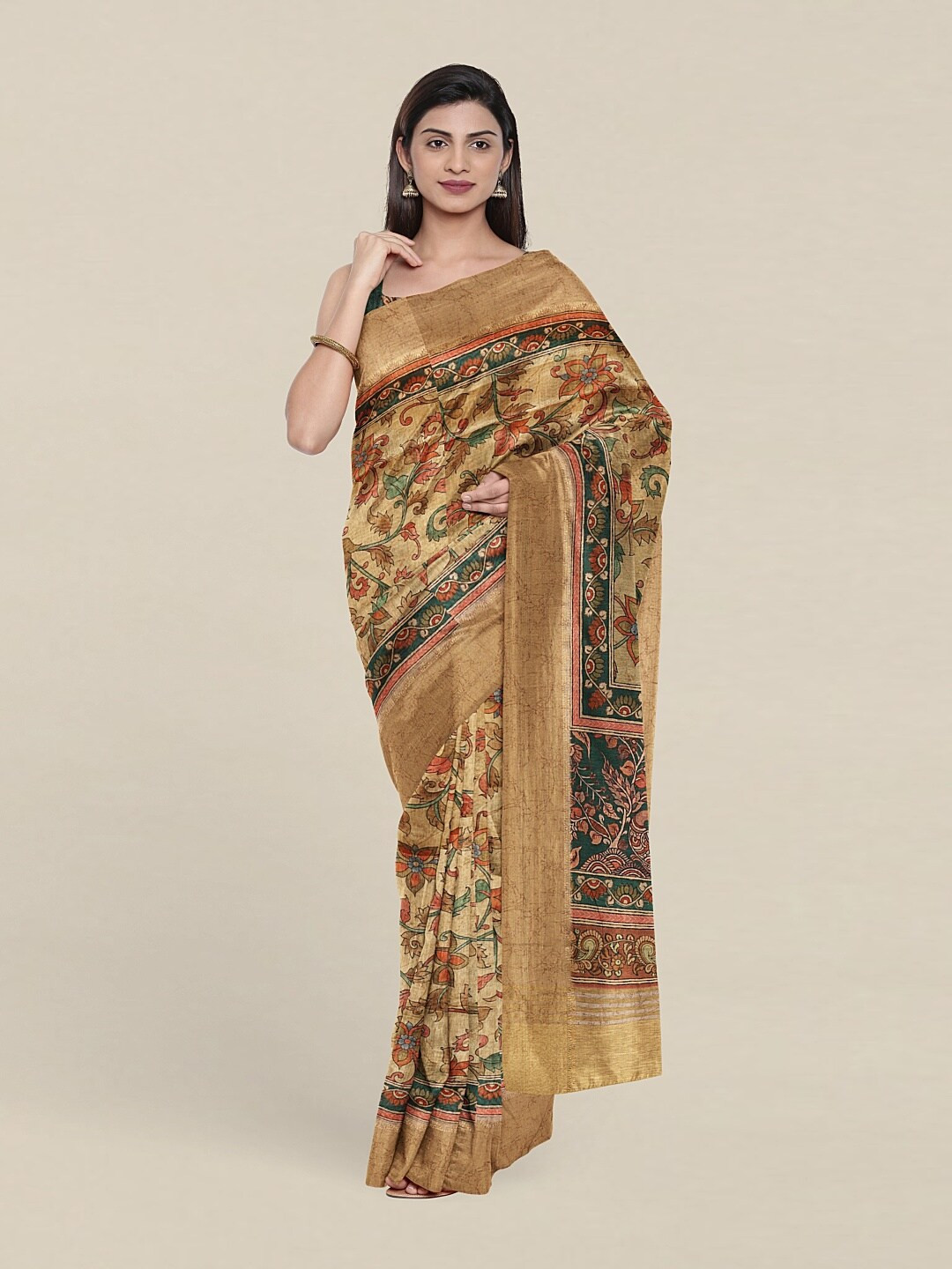 

Pothys Green & Peach-Coloured Floral Art Silk Saree