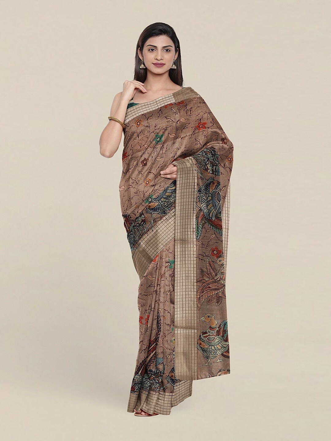 

Pothys Brown & Copper-Toned Kalamkari Zari Art Silk Saree