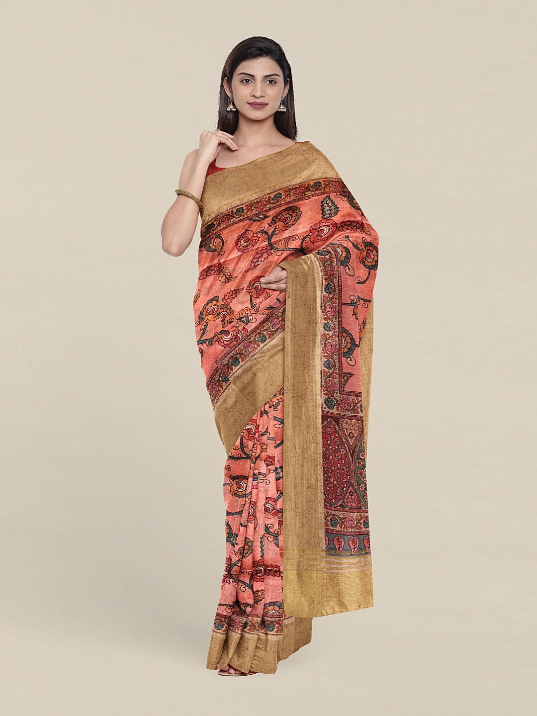 

Pothys Pink & Green Kalamkari Art Silk Saree