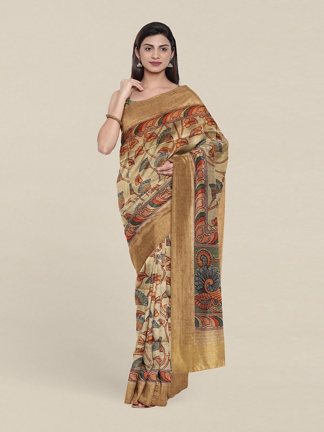 

Pothys Green & Brown Kalamkari Art Silk Saree