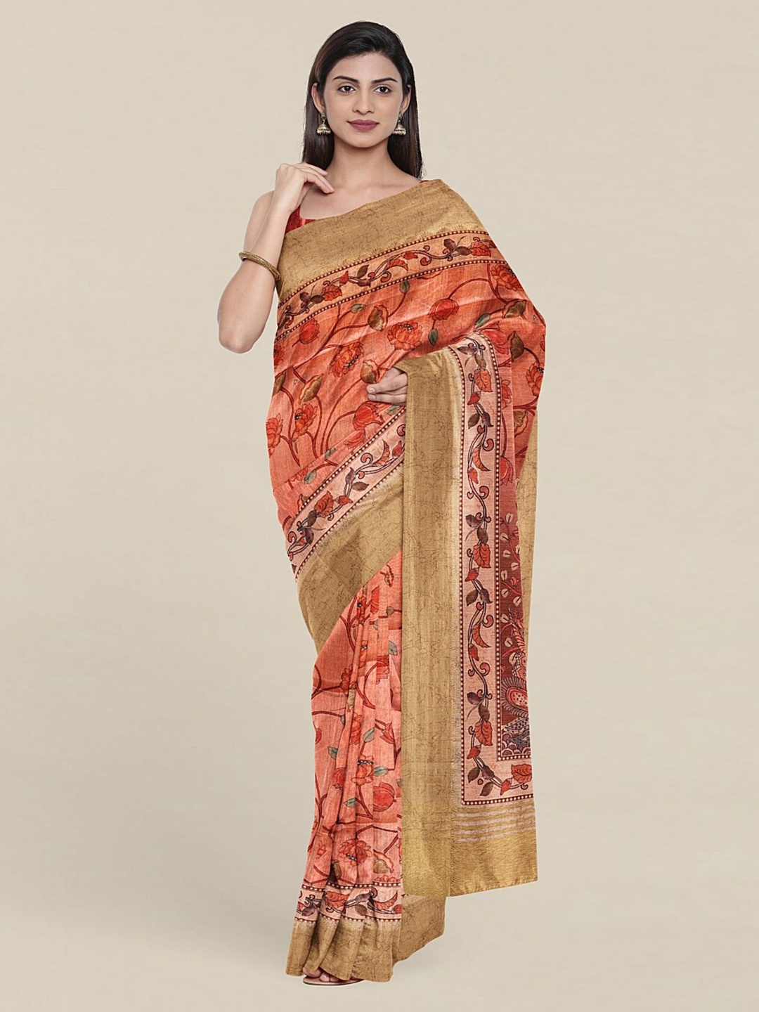 

Pothys Peach-Coloured & Brown Floral Art Silk Saree