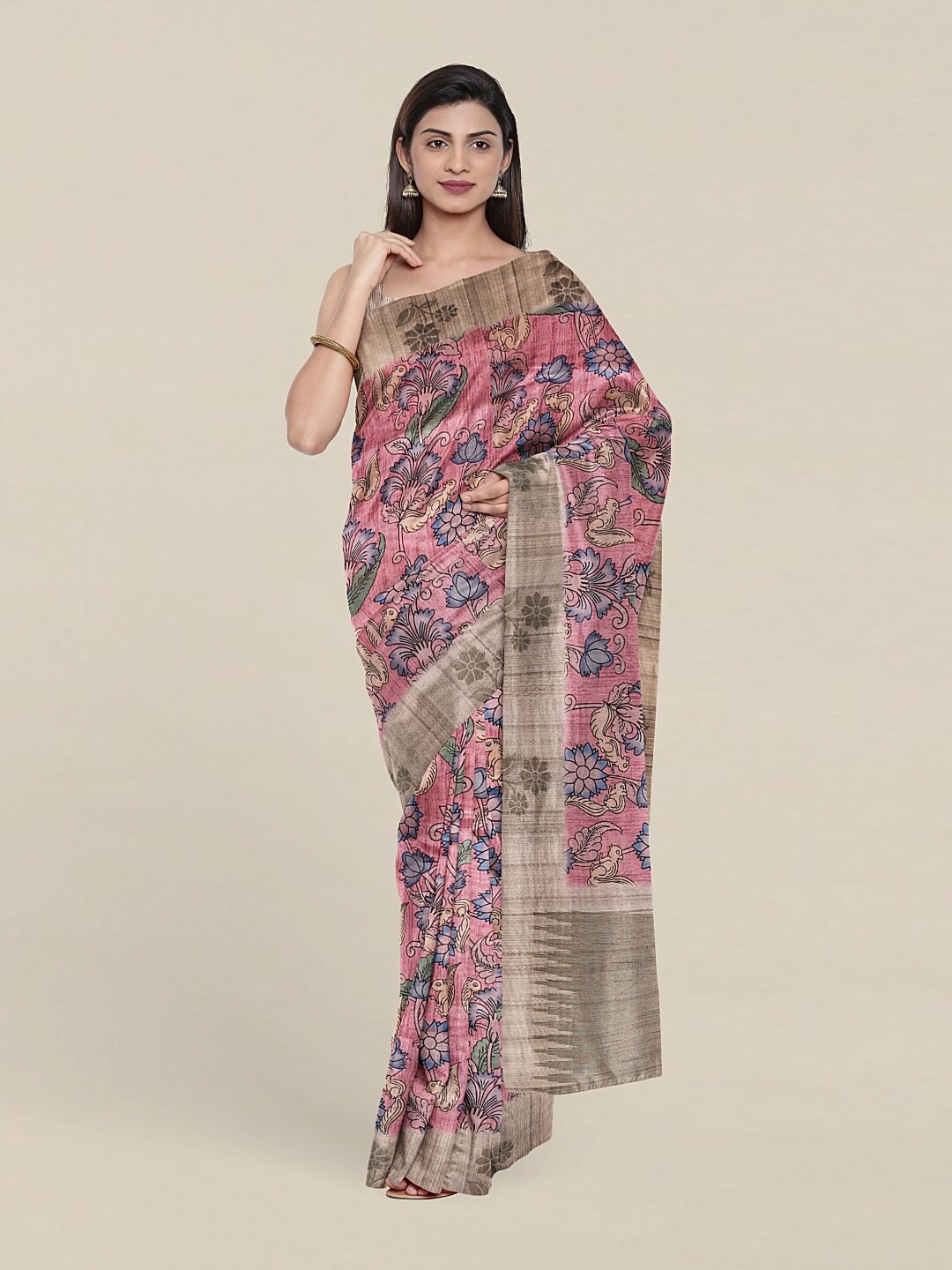 

Pothys Pink & Blue Kalamkari Art Silk Saree