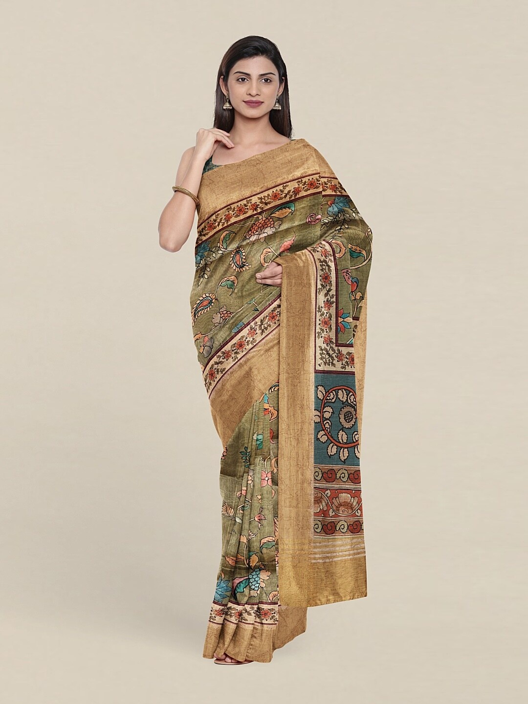 

Pothys Green & Brown Ethnic Motifs Art Silk Saree