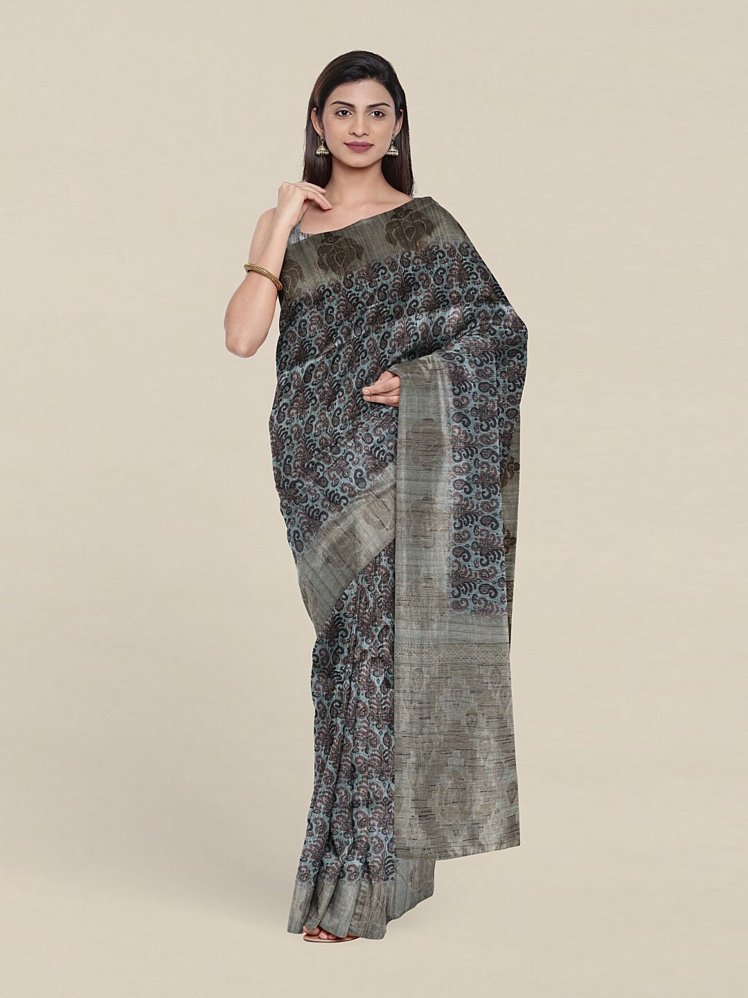 

Pothys Green & Grey Paisley Zari Art Silk Saree