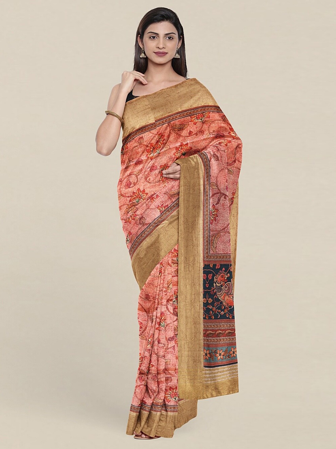 

Pothys Pink & Green Floral Art Silk Saree