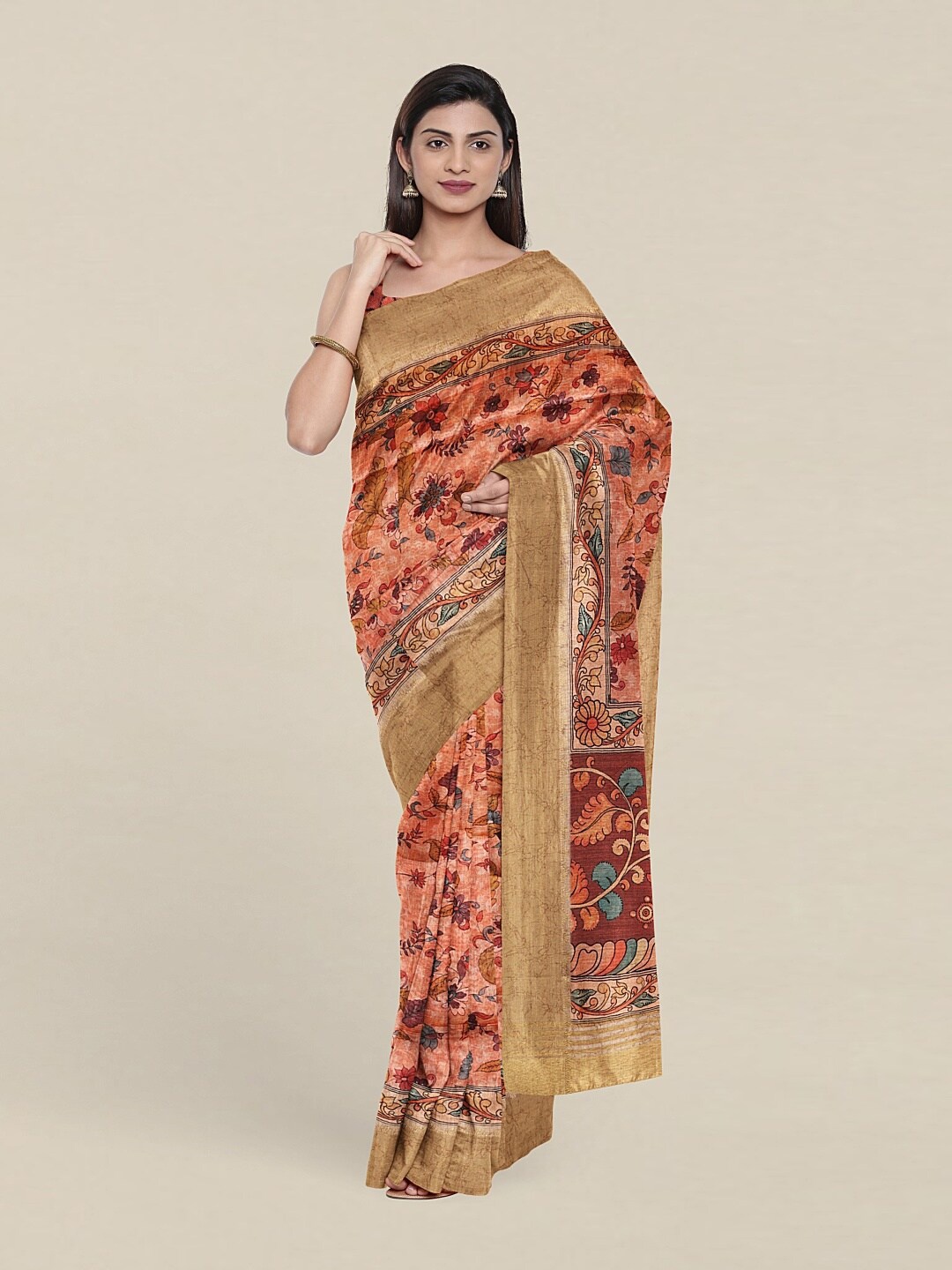 

Pothys Pink & Green Floral Art Silk Saree