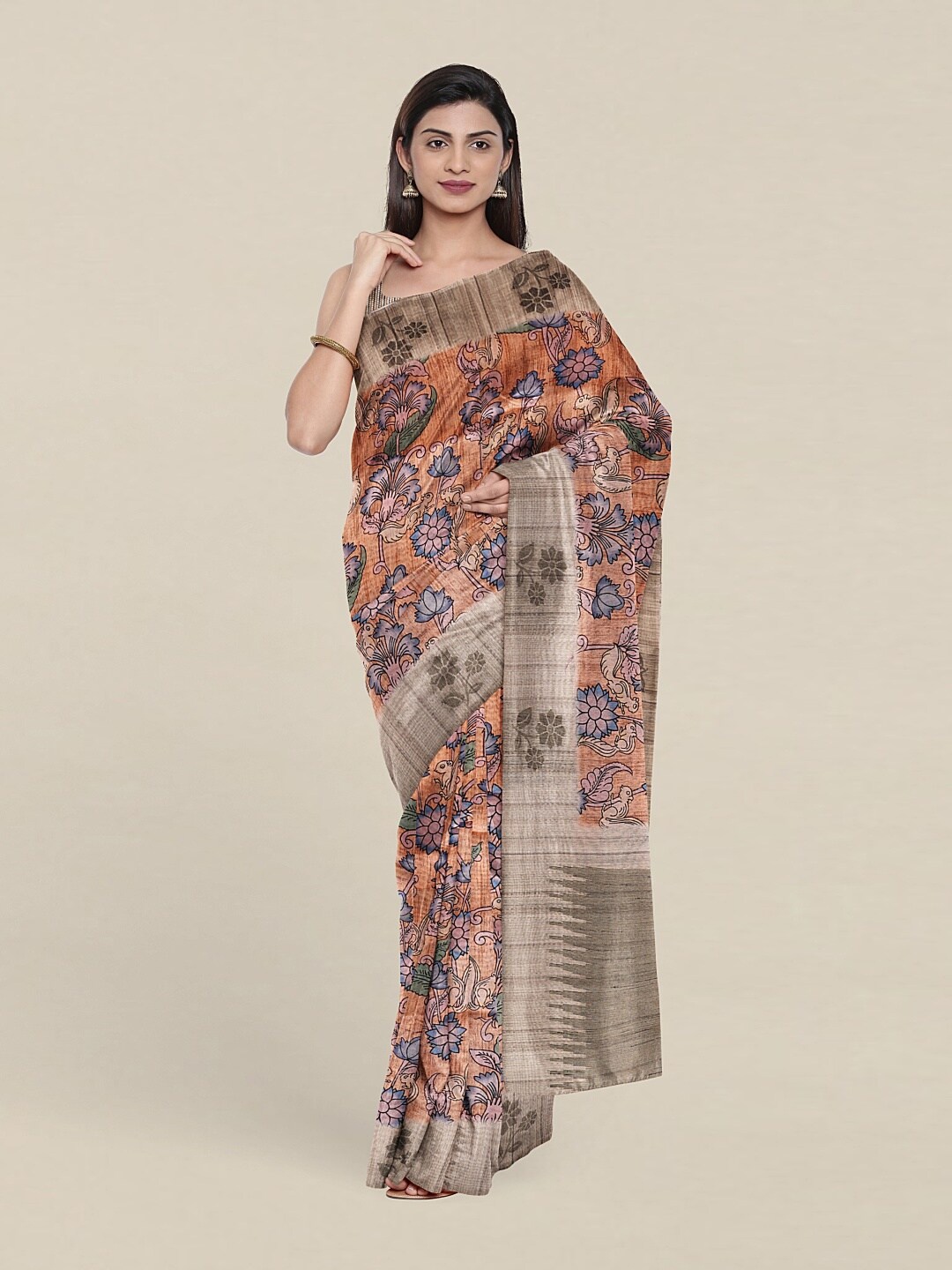 

Pothys Orange & Blue Floral Art Silk Saree