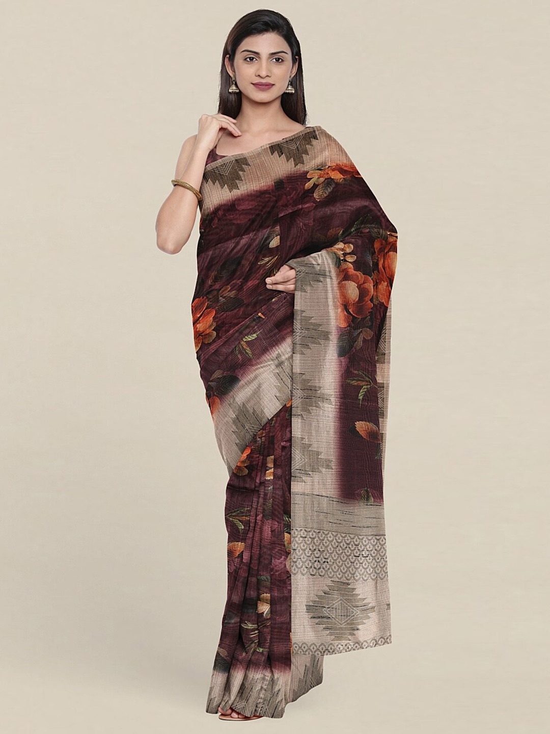 

Pothys Brown & Orange Floral Art Silk Saree