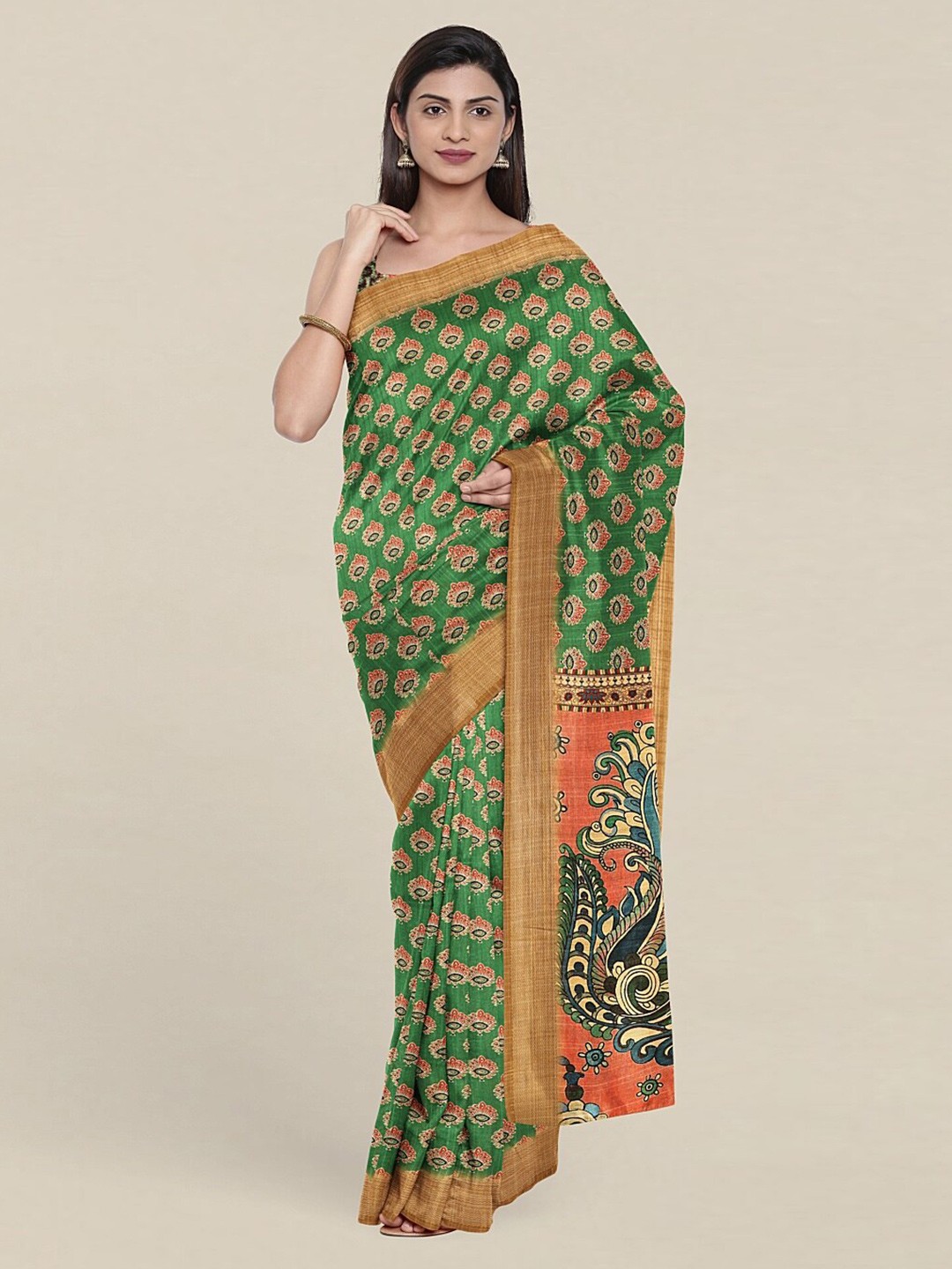 

Pothys Green & Orange Ethnic Motifs Art Silk Saree