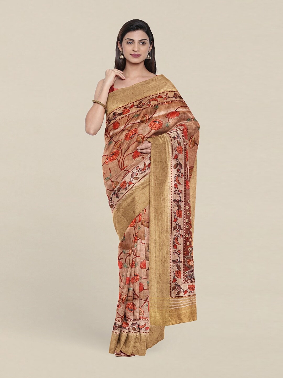 

Pothys Peach-Coloured & Orange Ethnic Motifs Art Silk Saree