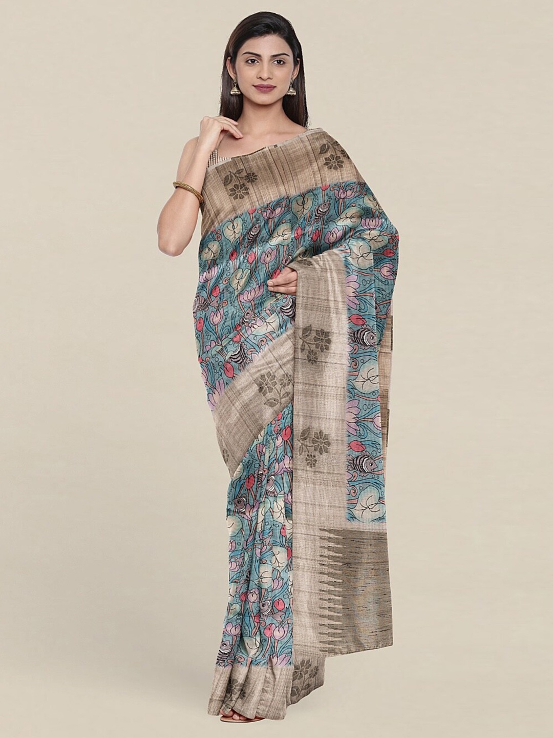 

Pothys Blue & Beige Kalamkari Silk Tussar Saree