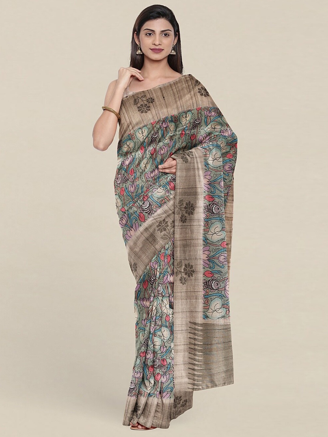 

Pothys Green & Blue Floral Tussar Silk Tissue Saree