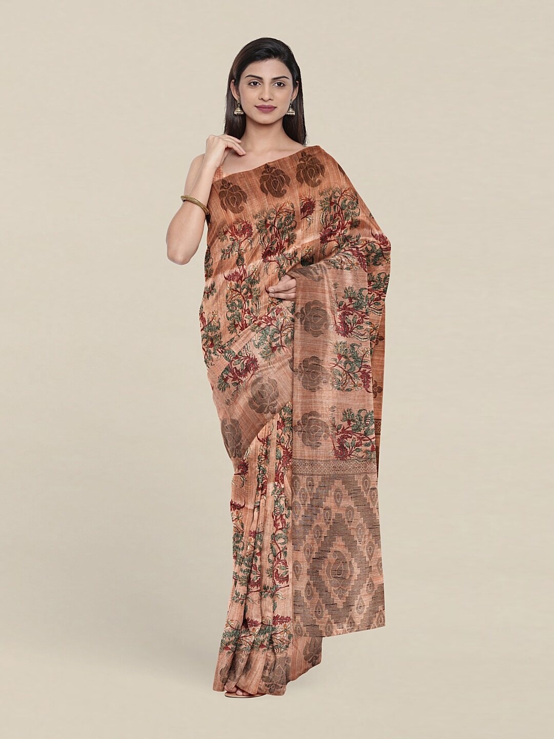 

Pothys Peach-Coloured & Brown Kalamkari Art Silk Saree
