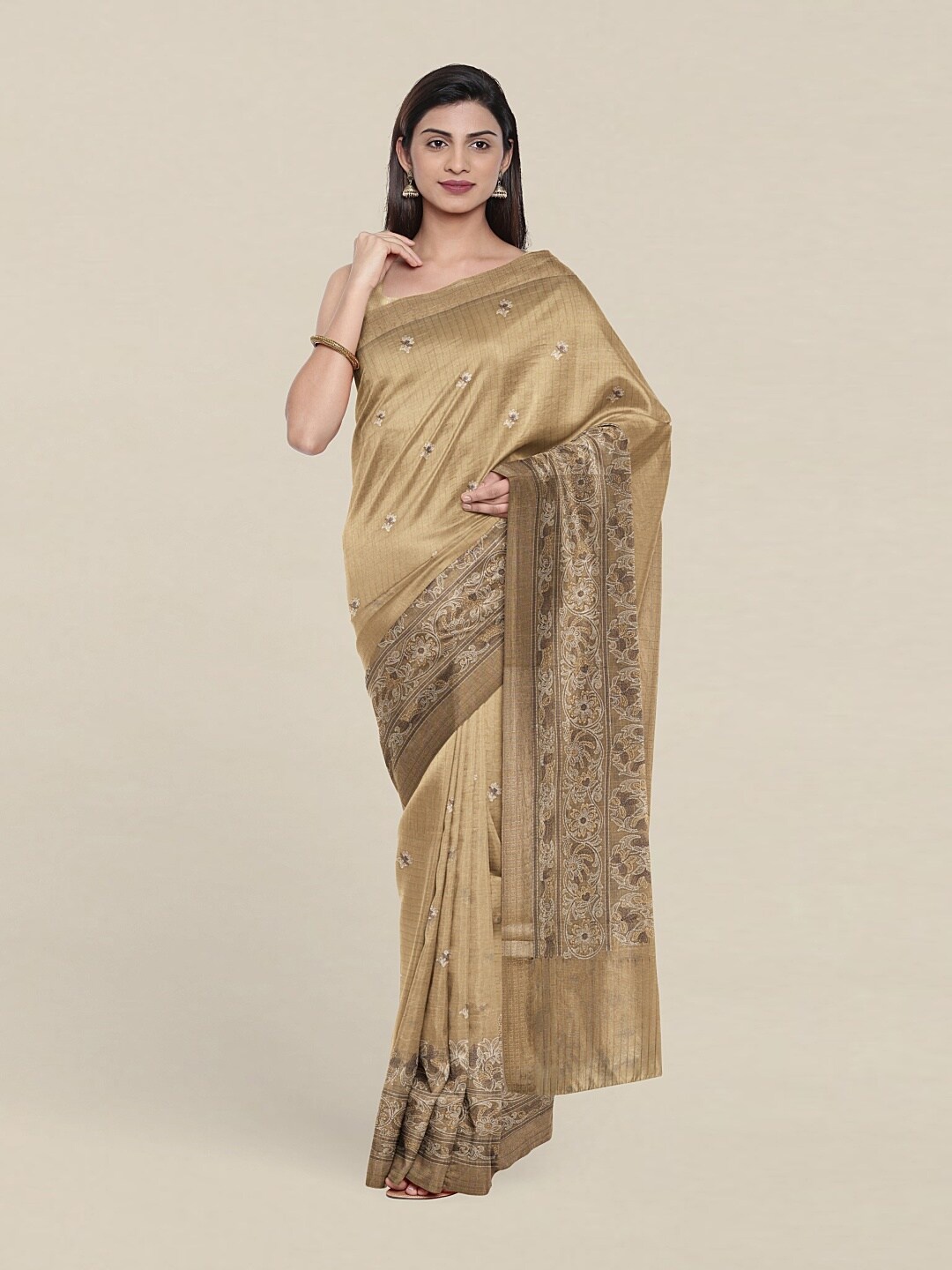 

Pothys Cream-Coloured Floral Zari Tissue Saree