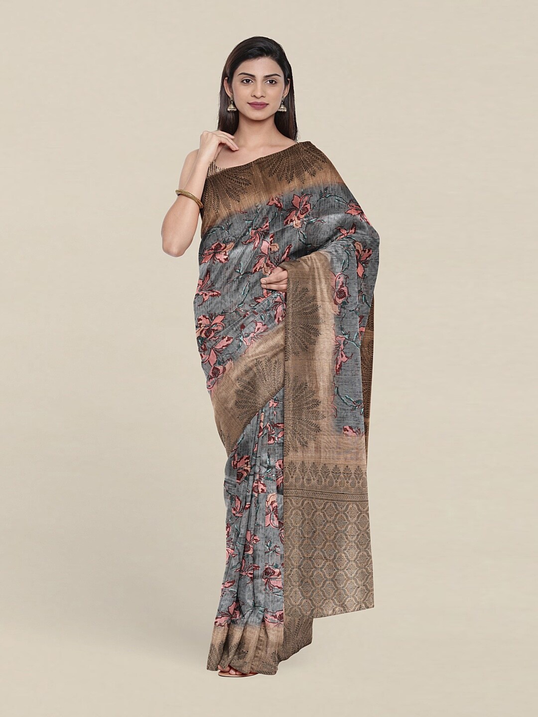 

Pothys Grey & Pink Floral Art Silk Saree