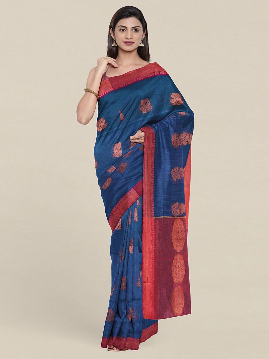 

Pothys Blue & Red Ethnic Motifs Zari Jute Cotton Saree