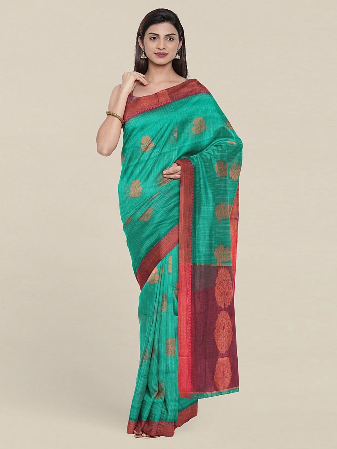 

Pothys Green & Red Woven Design Zari Jute Cotton Saree